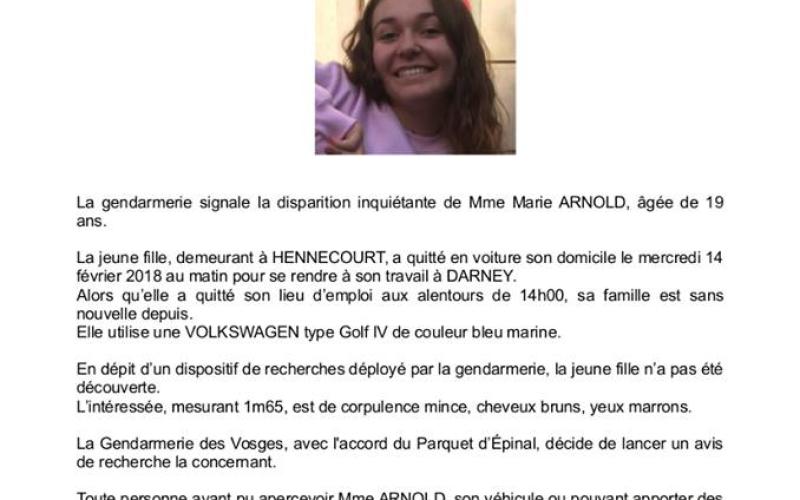 Vosges : le corps sans vie de Marie Arnold, disparue depuis mercredi, a été retrouvé