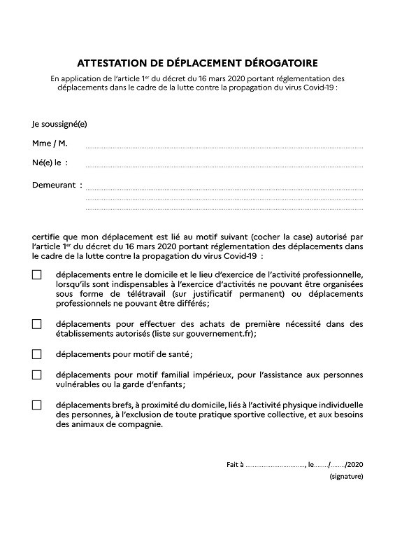 ATTESTATIONS DE DEPLACEMENT DEROGATOIRE